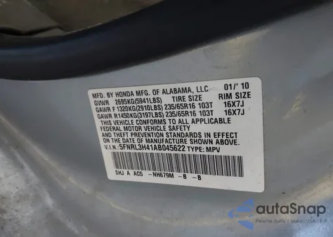 2010 Honda Odyssey Ex z USA, uszkodzony, nr VIN 5FNRL3H41AB045622